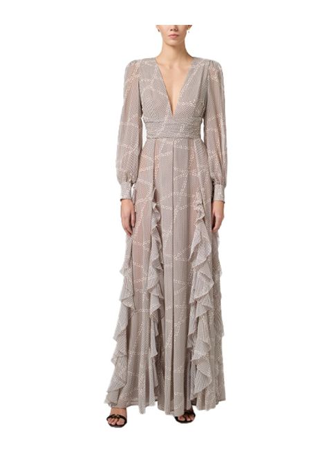 Abito Elisabetta Franchi donna Red Carpet ABRS252E2 Fantasia stampa all over scollo a v maniche a sbuffo logo e pois ELISABETTA FRANCHI | Abiti | ABRS252E2E84
